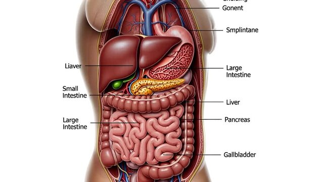 Detailed Anatomical Illustration of the Human Digestive System with Labels