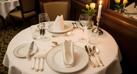 Fototapeta premium An elegantly set restaurant table for dinner, with polished silver cutlery, a folded linen napkin, and an empty crystal wine glass.