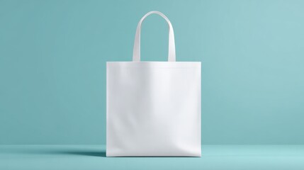 A simple white reusable tote bag stands upright on a flat surface, surrounded by a calm light blue background, highlighting its eco-friendly design and practicality for shopping.