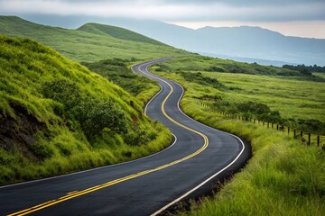 Winding asphalt road through lush green rolling hills under a cloudy sky