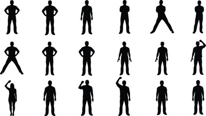 Silhouette collection of diverse people in standing and saluting poses, isolated on white background, human body gestures and movements illustration