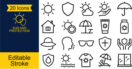 Set of 20 Minimal Sun & Protection Icons – Perfect for summer, skincare, and outdoor safety themes. Includes sun, sunscreen, hat, umbrella, and more. Clean vector style for web, app, and print.

