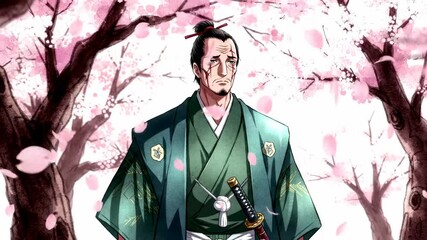Elegant asian elderly man in traditional clothing under cherry blossom trees illustration - Powered by Adobe