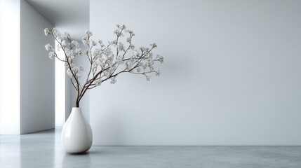 A minimalist interior showcases a white vase holding delicate white flowers. The serene space features smooth concrete floors and bright walls, creating a peaceful atmosphere.