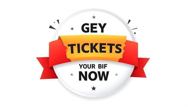 Circle banner with red ribbon, promoting tickets