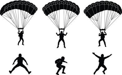 Silhouettes of Parachutists in Midair and Landing Poses, Skydiving Illustration for Training, Extreme Sports, Adventure Design, Vector Art