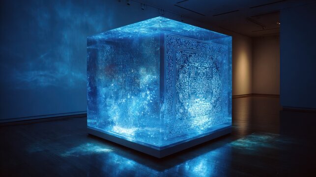 Large illuminated, transparent cube sculpture glows with blue light in a gallery setting