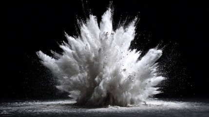 A powerful eruption of white dust fills the air in a laboratory, showcasing the impact of a controlled explosion. The contrast with the dark background creates a striking visual effect.