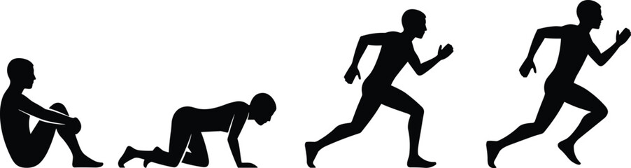 Silhouettes of person transitioning from sitting, crawling, to running stages, showcasing motion progression, physical movement, human development, motivation