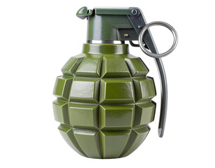  Classic Green Military Fragmentation Grenade with Safety Pin, Front View, Isolated on White Background