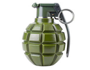  Classic Green Military Fragmentation Grenade with Safety Pin, Front View, Isolated on White Background
