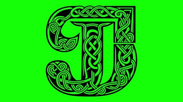Ornate Celtic Letter J Design with Intricate Patterns on a Vibrant Green Screen Chroma Key Pro Video	
