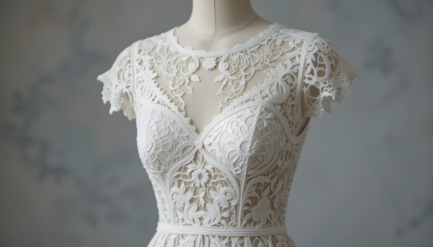 Intricate White Lace Dress on Mannequin