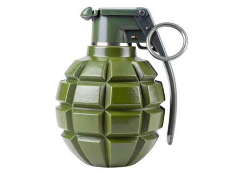  Classic Green Military Fragmentation Grenade with Safety Pin, Front View, Isolated on White Background