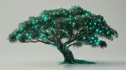 A conceptual image of a tree with circuits and lights, representing digital innovation and nature's essence. The tree's branches are lit with glowing circuits, creating a futuristic.