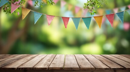 A wooden table is set up outdoors under a canopy of green leaves. Colorful bunting flags hang above, creating a cheerful atmosphere perfect for celebrations in the garden.