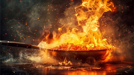 A pan with food cooking in flames, showcasing the high heat and dramatic effect of the cooking process. The image is captured with artistic flair, displaying fiery details and vibrant energy