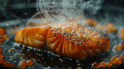 a close-up shot of a delicious salmon fillet sizzling on a hot grill pan, with steam rising