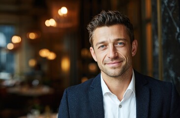 Portrait of a Confident Man with Striking Blue Eyes in a Warm Bokeh Setting