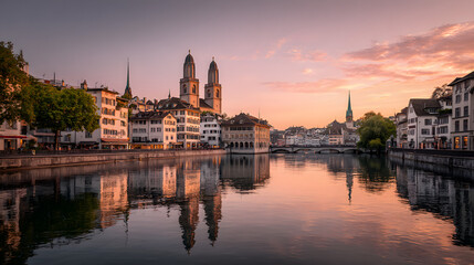 Fototapeta premium Zürcher Altstadt bei Sonnenaufgang mit Blick auf die Limmat 