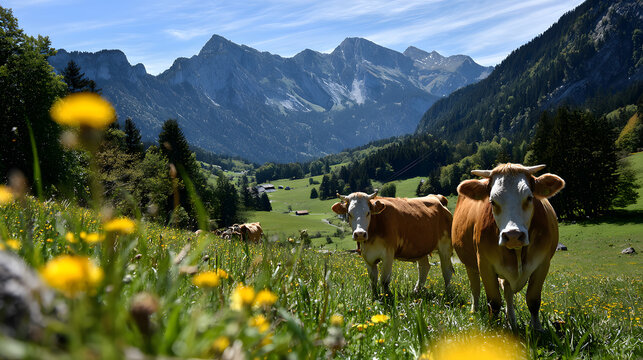 K&uuml;he auf bl&uuml;hender Alpwiese mit Blick auf die Schweizer Alpen
