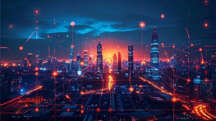 futuristic cityscape featuring a complex network of interconnected lights, representing data flow and technological advancements. The cityscape glows with vibrant colors at night.