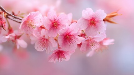 Obraz premium A pink flower with a pink stem. The flower is on a branch. The branch is on a tree