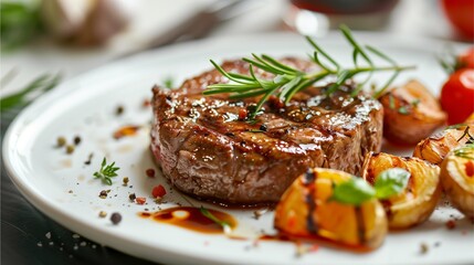 a delicious, mouthwatering steak garnished with herbs and perfectly roasted potatoes, with a touch of fresh tomatoes
