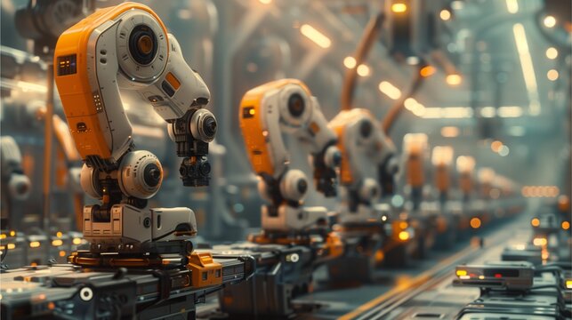 Robotic arms at the factory line. Industrial robots working in a modern factory. They're designed to handle complex and repetitive tasks