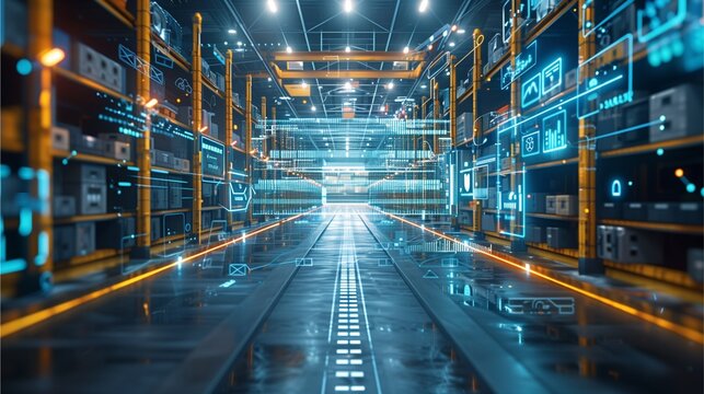 A futuristic warehouse interior with technology overlaying the shelves