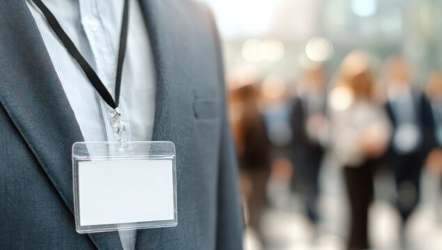 Professional with Blank ID Badge at a Busy Corporate Conference