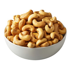 Fototapeta premium A white bowl overflowing with roasted cashews isolated on transparent background