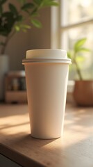 Blank Coffee Cup on a Wooden Desk in a Sunny Room