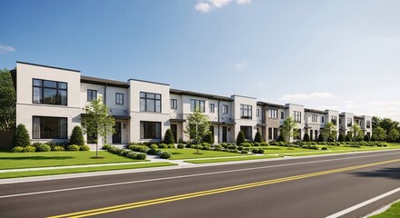 Obraz premium Modern townhouses with contemporary architecture and lush landscaping on a sunny day