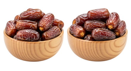 Two wooden bowls filled with dates on Vector illustration of black background fruit food isolated on a transparent background