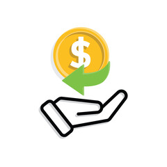 Cashback icon in hand. E-Commerce and Promotions. Dollar coin with arrow. market, sale, buy. mixed design style.