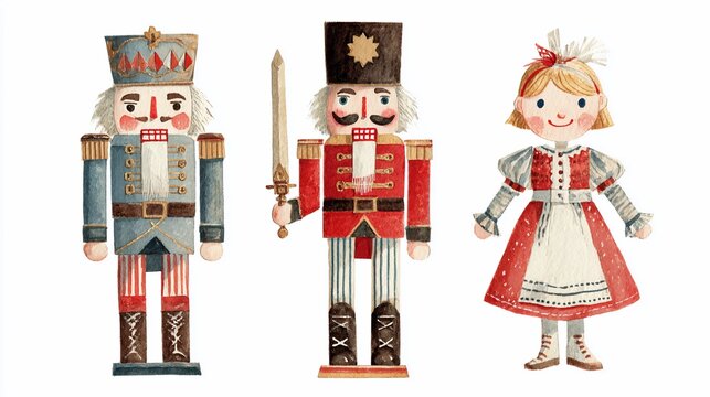 Festive watercolor illustrations of classic Christmas characters