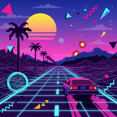 Retro futuristic 80s concept art of a car driving on a neon grid highway into a synthwave sunset