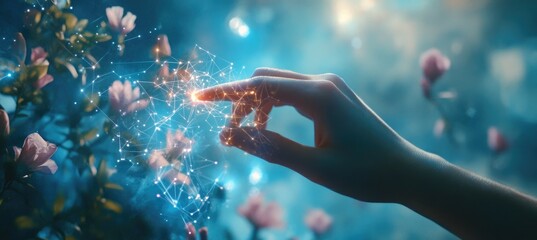 A human hand touches the finger of an artificial intelligence, set against a blue background with light rays and digital connections.