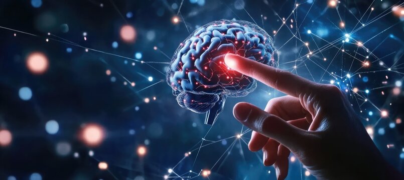 A human hand touches the finger of an artificial intelligence, set against a blue background with light rays and digital connections.