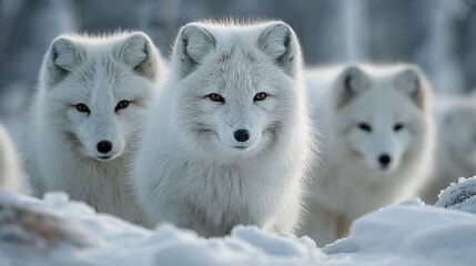 Naklejka premium Arctic foxes in snowy landscapes with thick white fur blending in the snow, ideal for polar wildlife, cold climate, and ecosystem visuals