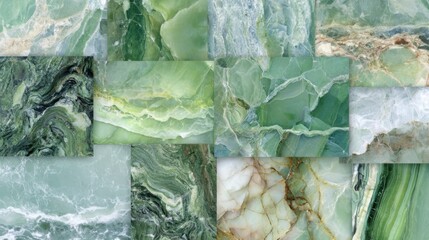 Obraz premium A collection of green marble pieces displays numerous shades and intricate patterns. The smooth surfaces highlight the unique veining and fluid designs found in natural stone.
