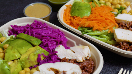 Two vibrant and nutritious chicken and veggie bowls are presented, showcasing a colorful array of fresh ingredients and promoting a balanced and healthy eating lifestyle