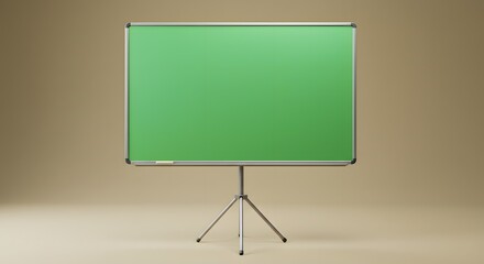 Studio shot of a large green screen whiteboard on a tripod stand against a neutral beige background, ideal for chroma keying video or photo editing projects.