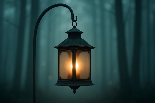 Glowing lantern hanging in a misty dark forest at night - Powered by Adobe