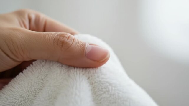 Closeup of a hand holding a soft white towel, showcasing its texture and cleanliness, ideal for illustrating hygiene, care, and comfort in a domestic setting