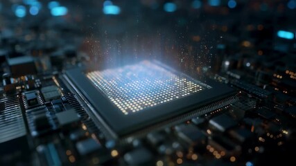 Quantum computing processor emitting glowing particles, symbolizing data processing and advanced technology on a complex electronic circuit motherboard - Powered by Adobe