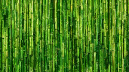 Fototapeta premium Tall bamboo stalks form a dense green backdrop, creating a tranquil atmosphere in a tropical environment. Sunlight filters through the leaves, enhancing the verdant scenery.