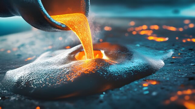 A fiery stream of molten iron being cast from a ladle in a steelworks, with glowing embers and intense heat transforming the metal - Powered by Adobe