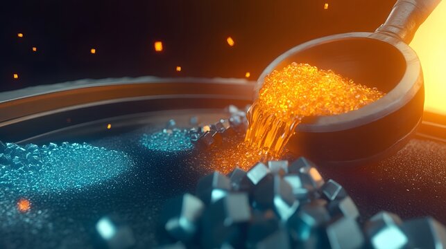 Cinematic close-up of a futuristic industrial process, a ladle pouring glowing gold particles onto raw metallic ore for refinement and wealth creation